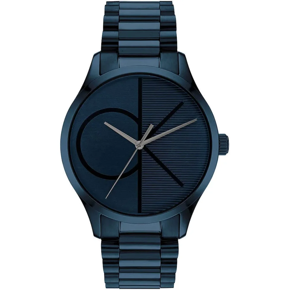 Calvin Klein Iconic watch with blue dial and blue stainless steel bracelet.
