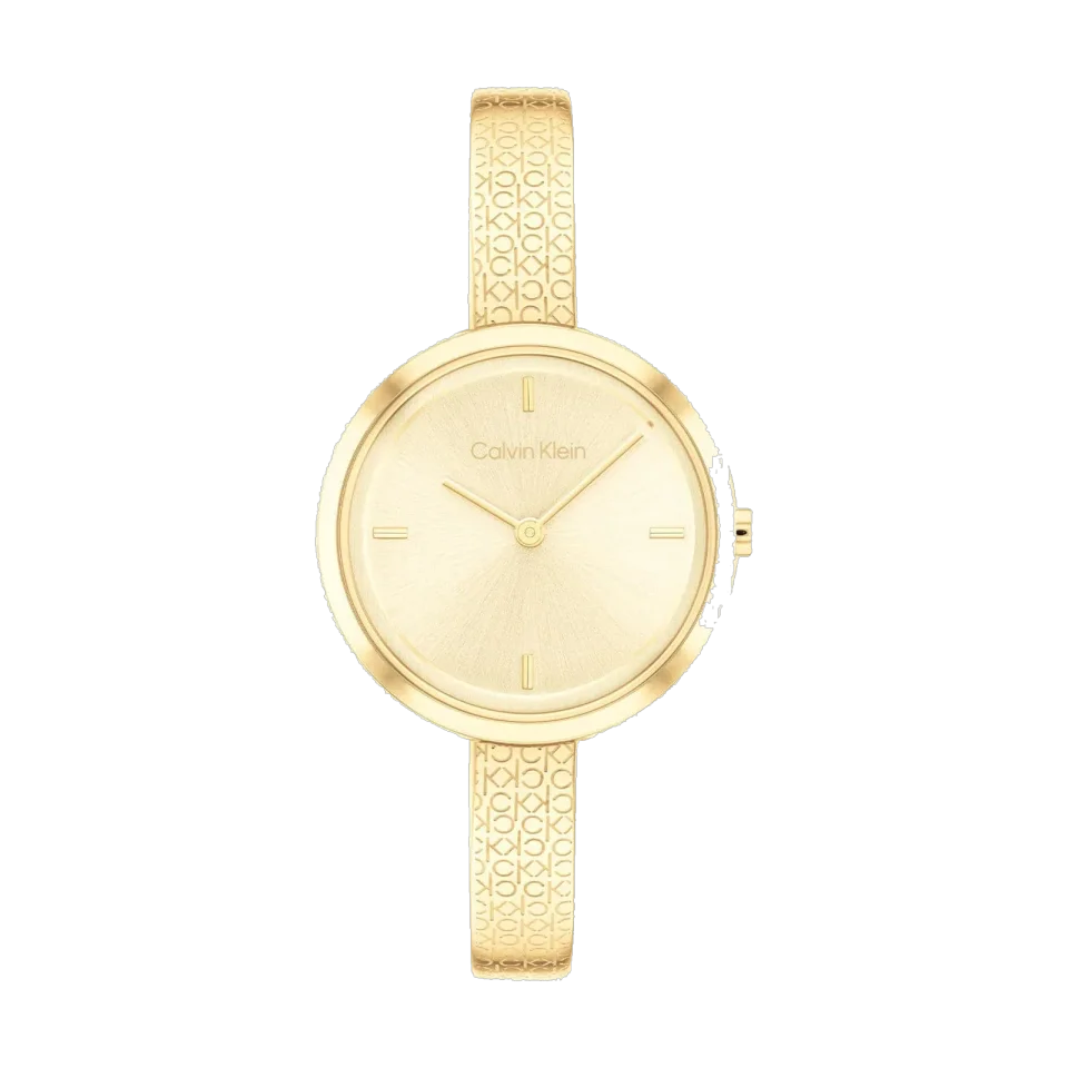 Calvin Klein Beam watch with gold dial, 30 mm stainless steel case and gold stainless steel bracelet.