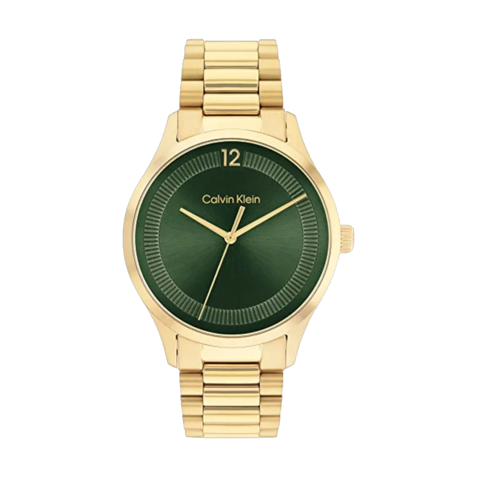 Calvin Klein Ck Iconic watch with green dial, gold stainless steel bracelet and round stainless steel case