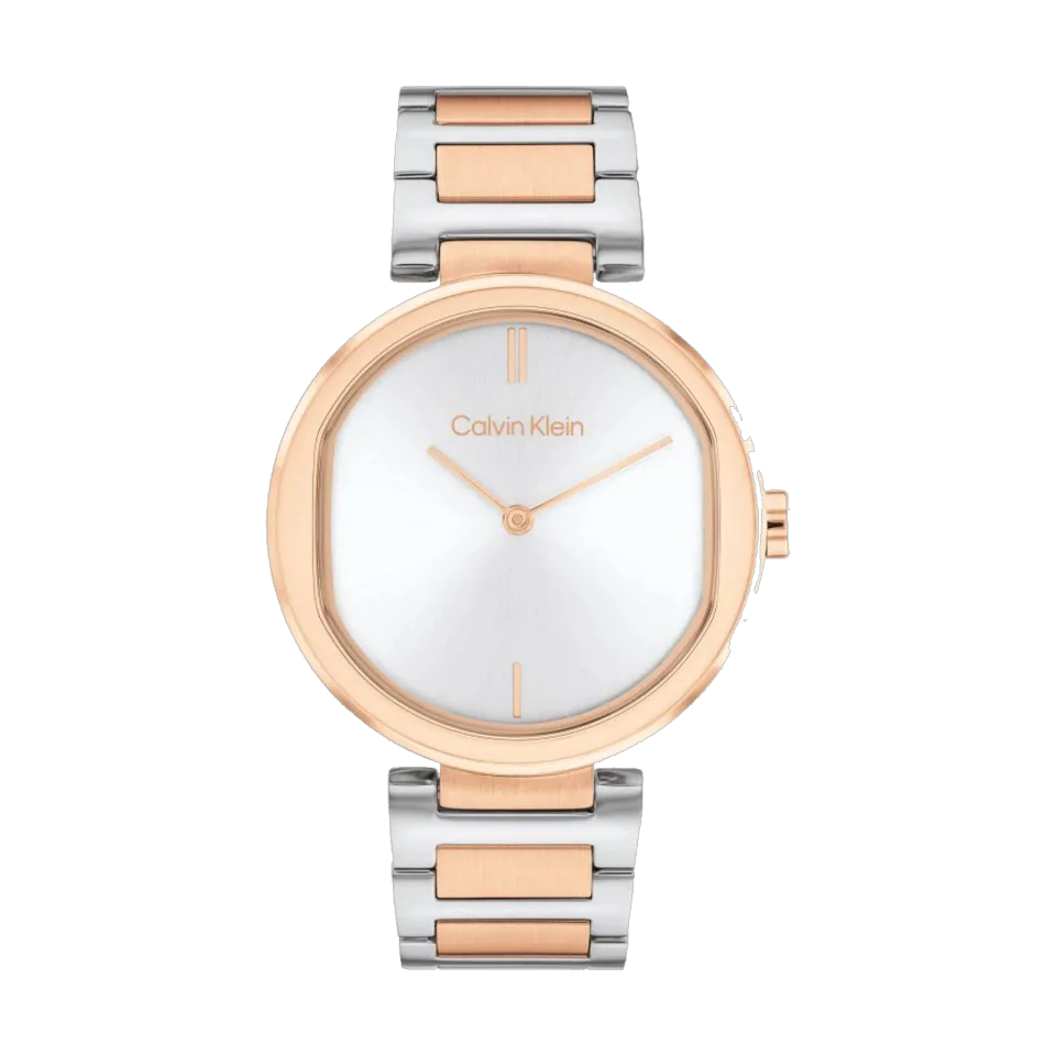 Calvin Klein Sensation women’s watch with silver dial, dual-tone stainless steel bracelet and stainless steel case.