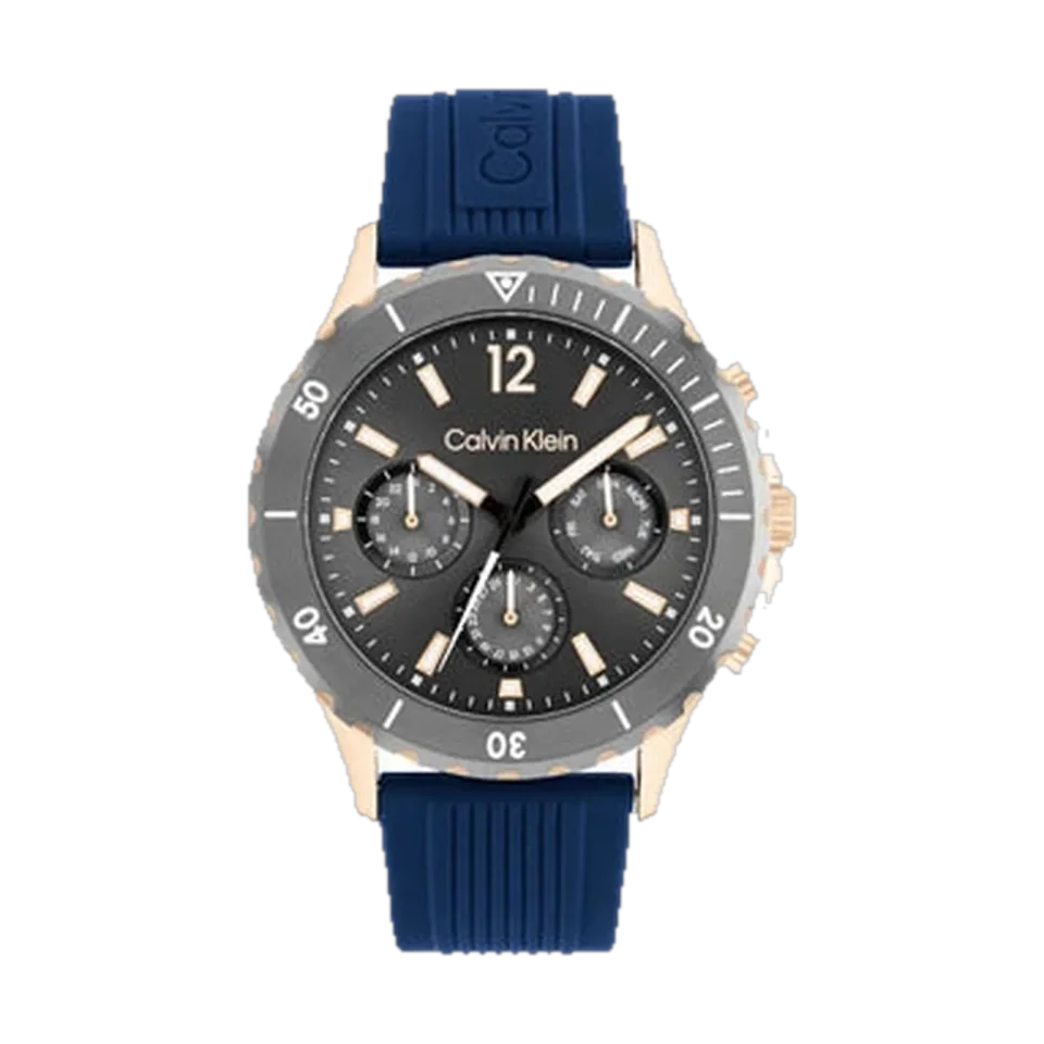 Calvin Klein Sport For Him men’s watch with grey dial, blue silicone strap and stainless steel case.