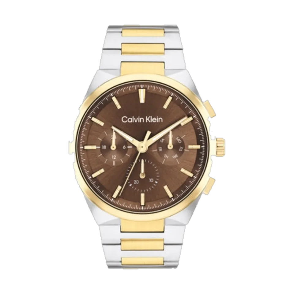 Calvin Klein Distinguish men’s watch with brown dial, dual-tone stainless steel bracelet, and round stainless steel case.