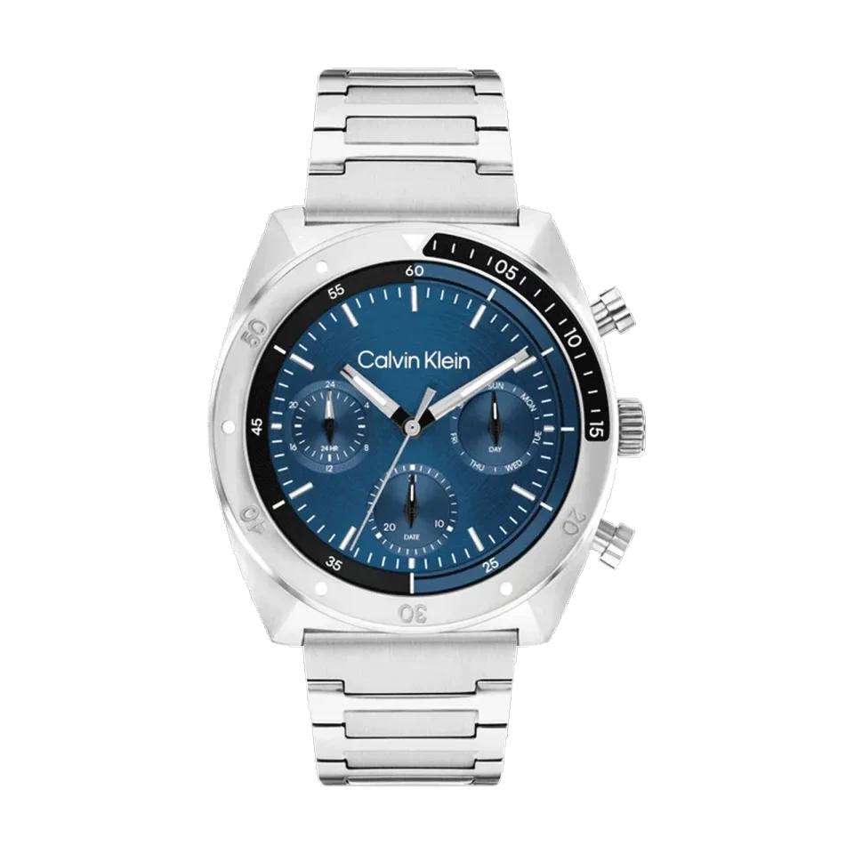Calvin Klein Flex men’s watch with blue dial, stainless steel case and silver bracelet