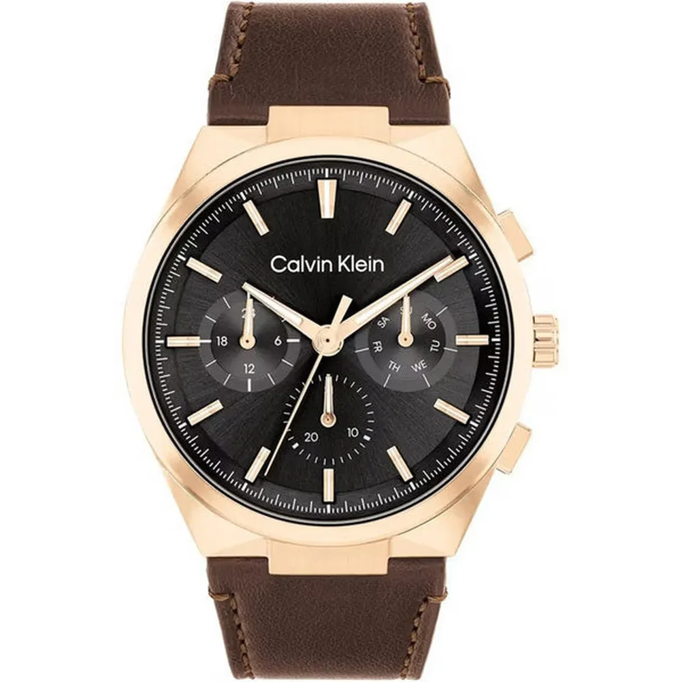 Calvin Klein men’s chronograph watch with black dial, stainless steel case and brown leather strap.