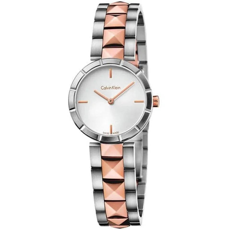 CALVIN KLEIN Edge watch with a silver dial, stainless steel case, and silver and rose gold bracelet.