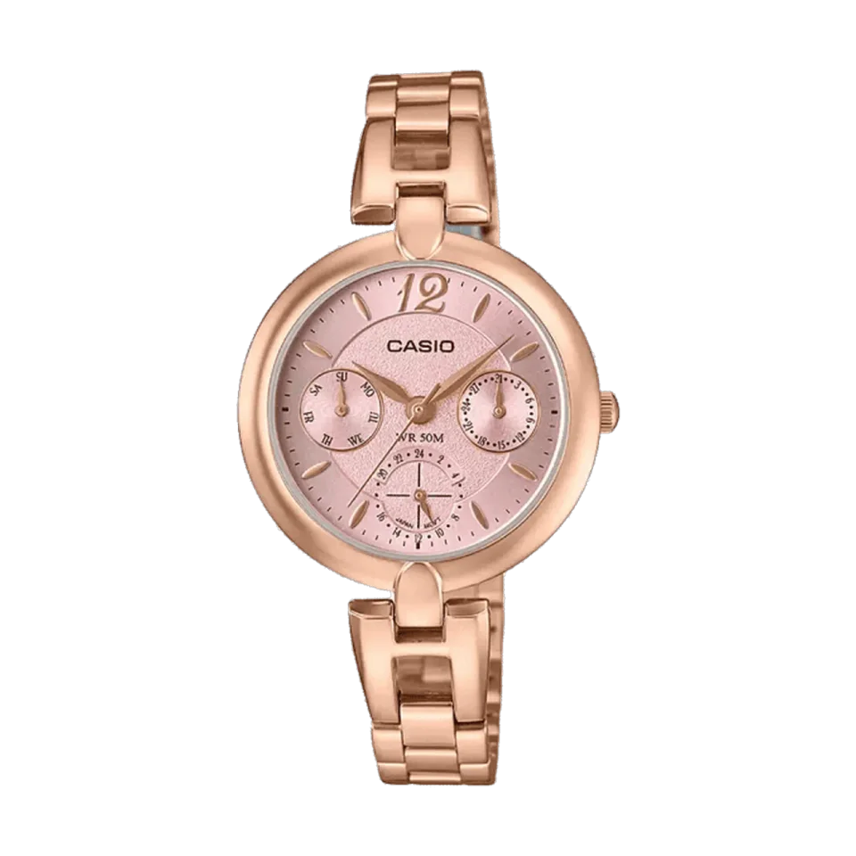 CASIO A1289 women’s quartz chronograph watch with pink dial and rose-gold stainless-steel bracelet