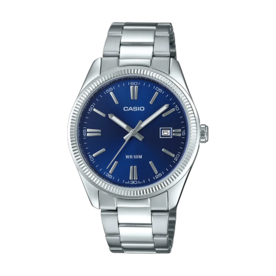 Casio men’s watch with blue dial, date display, stainless steel case and silver bracelet.