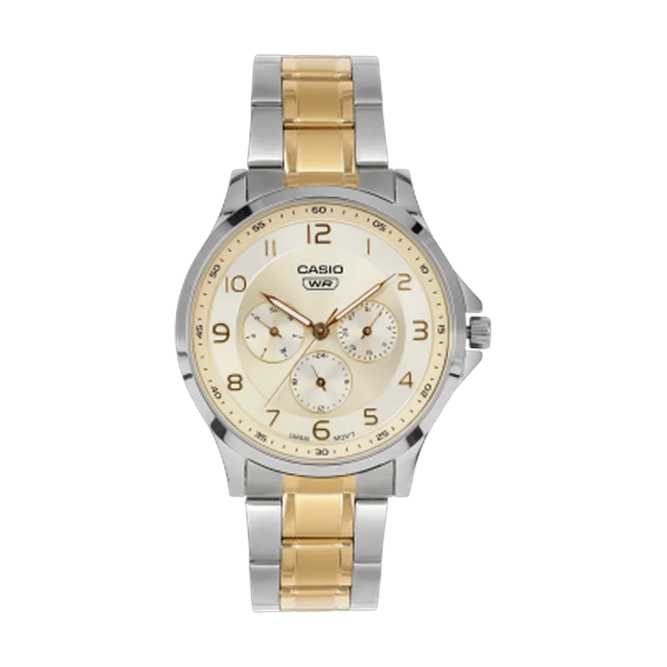 CASIO A2453 men’s quartz chronograph watch with mother-of-pearl dial and two-tone stainless-steel bracelet
