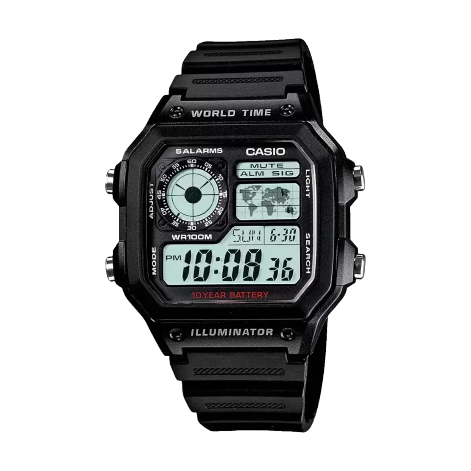 Black Casio digital watch with resin strap, resin case and rectangular digital display.