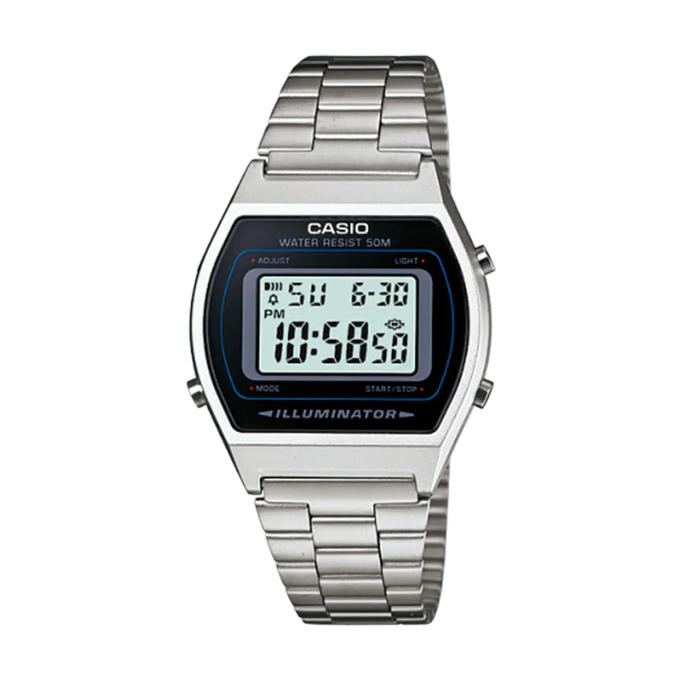 Casio D129 digital watch with black dial, silver stainless steel bracelet and folding clasp