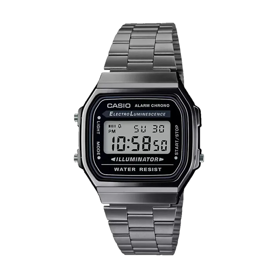Casio A168WGG-1ADF watch with black dial and grey stainless steel bracelet.
