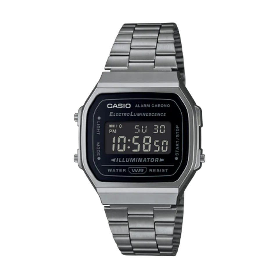 CASIO A168WGG-1BDF watch with black dial, resin case and black stainless steel strap