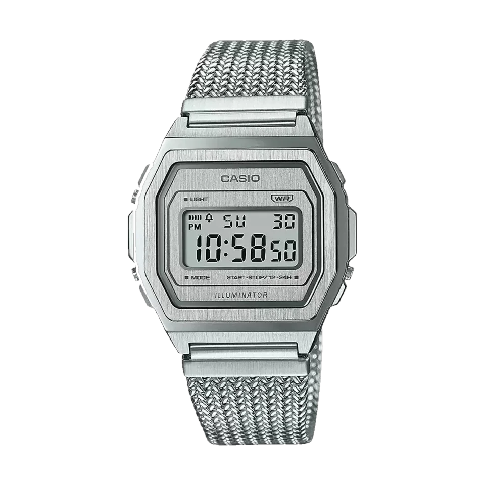 Casio A1000MA-7DF watch with silver dial and stainless steel bracelet.