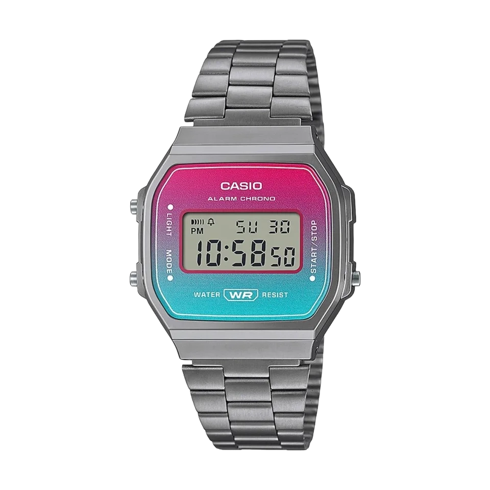 CASIO A168WERB-2ADF digital watch with stainless steel band and rectangular compact case.