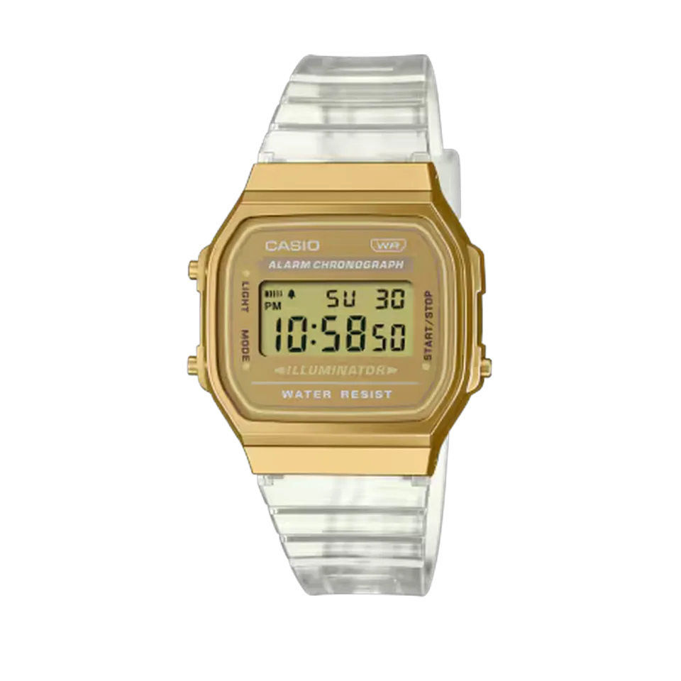 Casio A168XESG-9ADF digital watch with gold dial and white resin strap