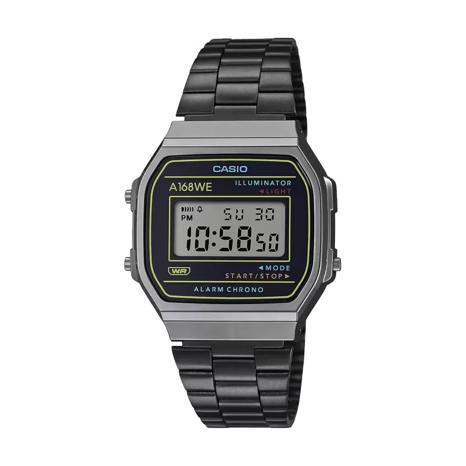 CASIO A168WEHB-1ADF digital watch with stainless steel bracelet and blue backlight