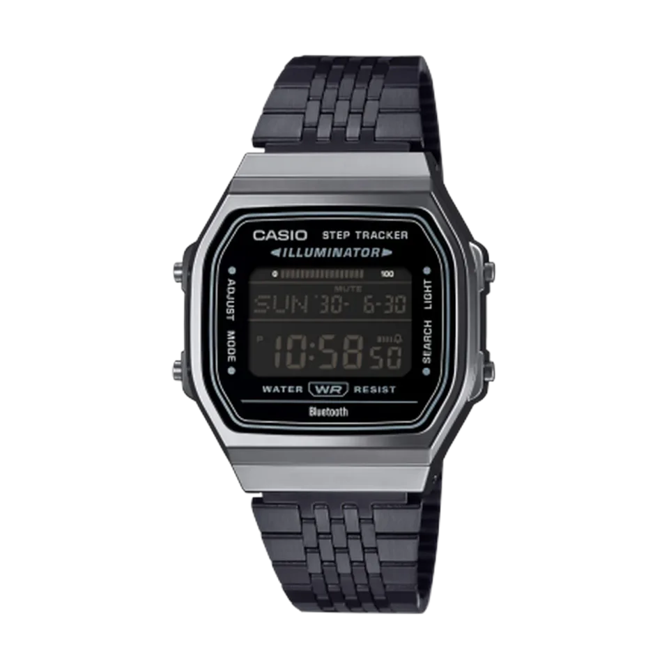Casio ABL-100WEGG-1B watch with black dial, 37 mm resin case and black stainless steel strap.