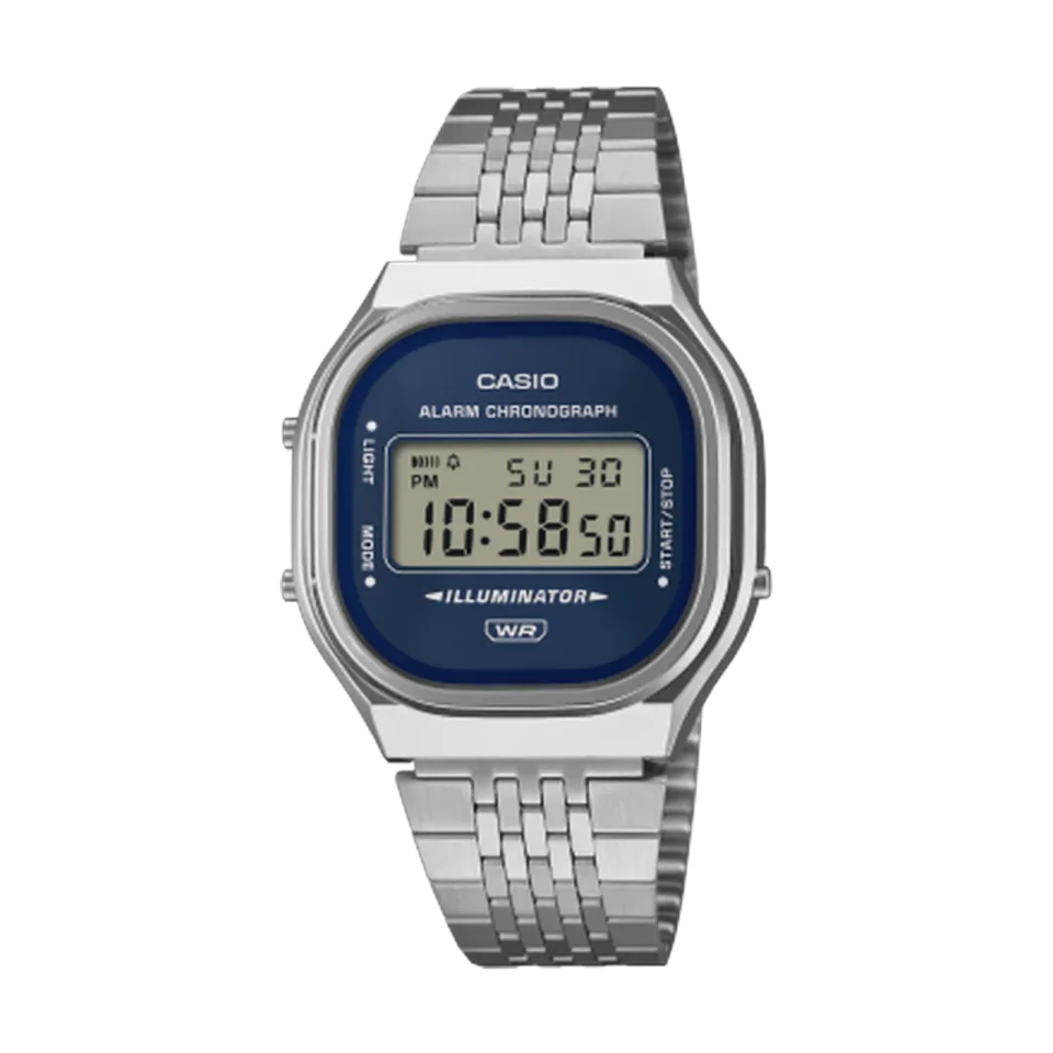 CASIO A140 digital watch with blue dial and silver stainless steel strap.