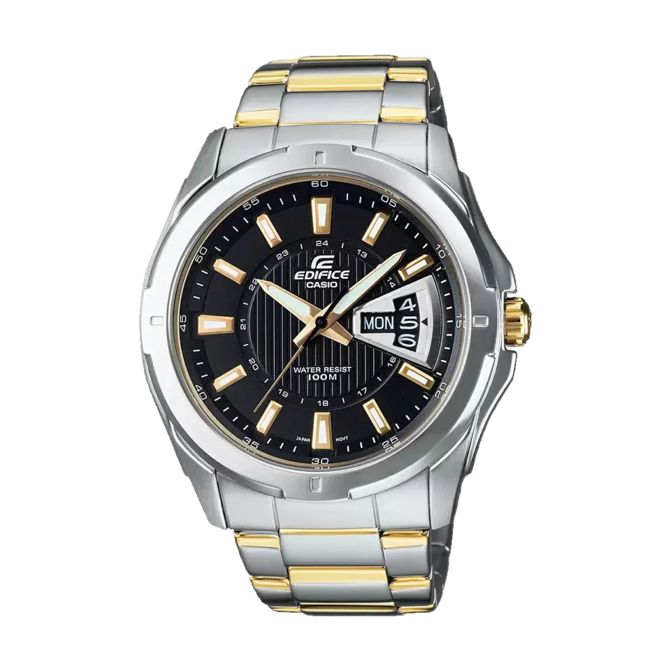 Casio Edifice EF-129SG-1AVDF men’s watch with black dial and two-tone stainless steel bracelet.