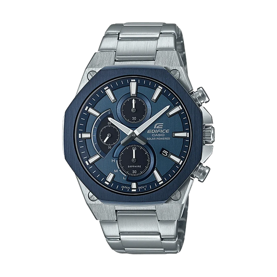 Casio Edifice men’s watch with blue dial, stainless steel case and silver bracelet.