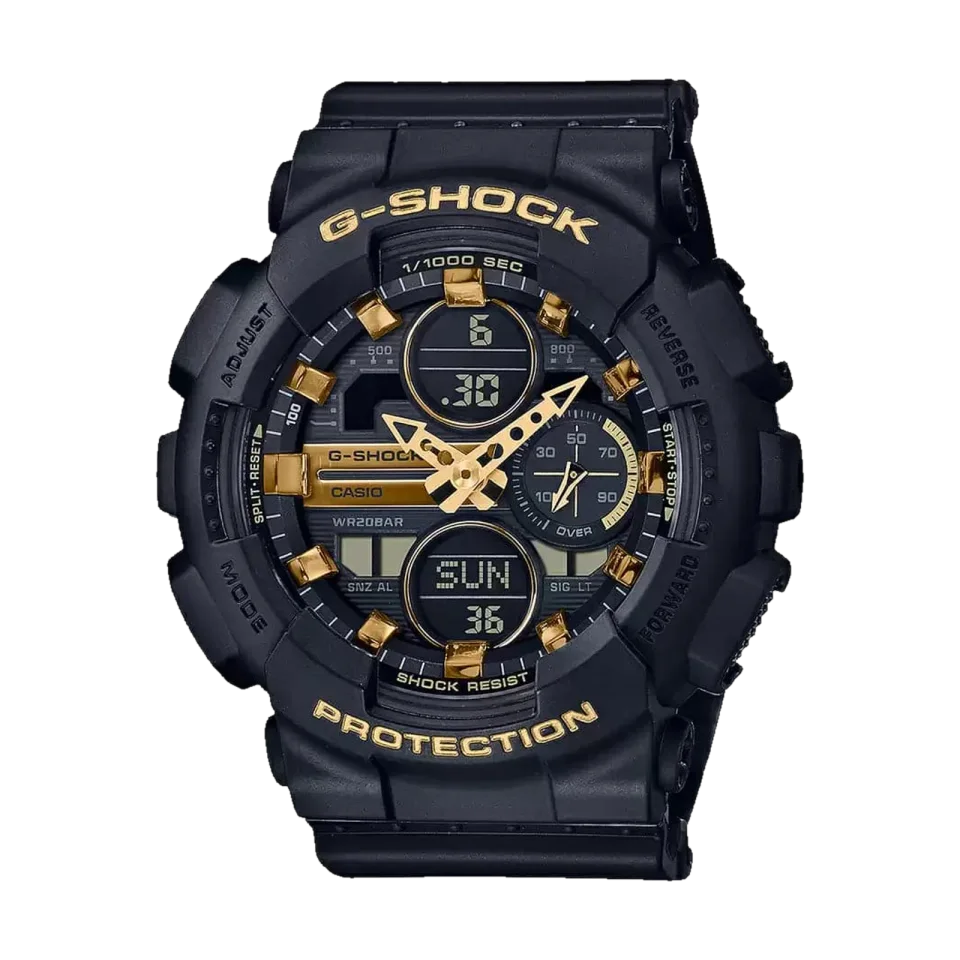Black CASIO G-Shock women’s watch with analog-digital display, black dial and black resin strap