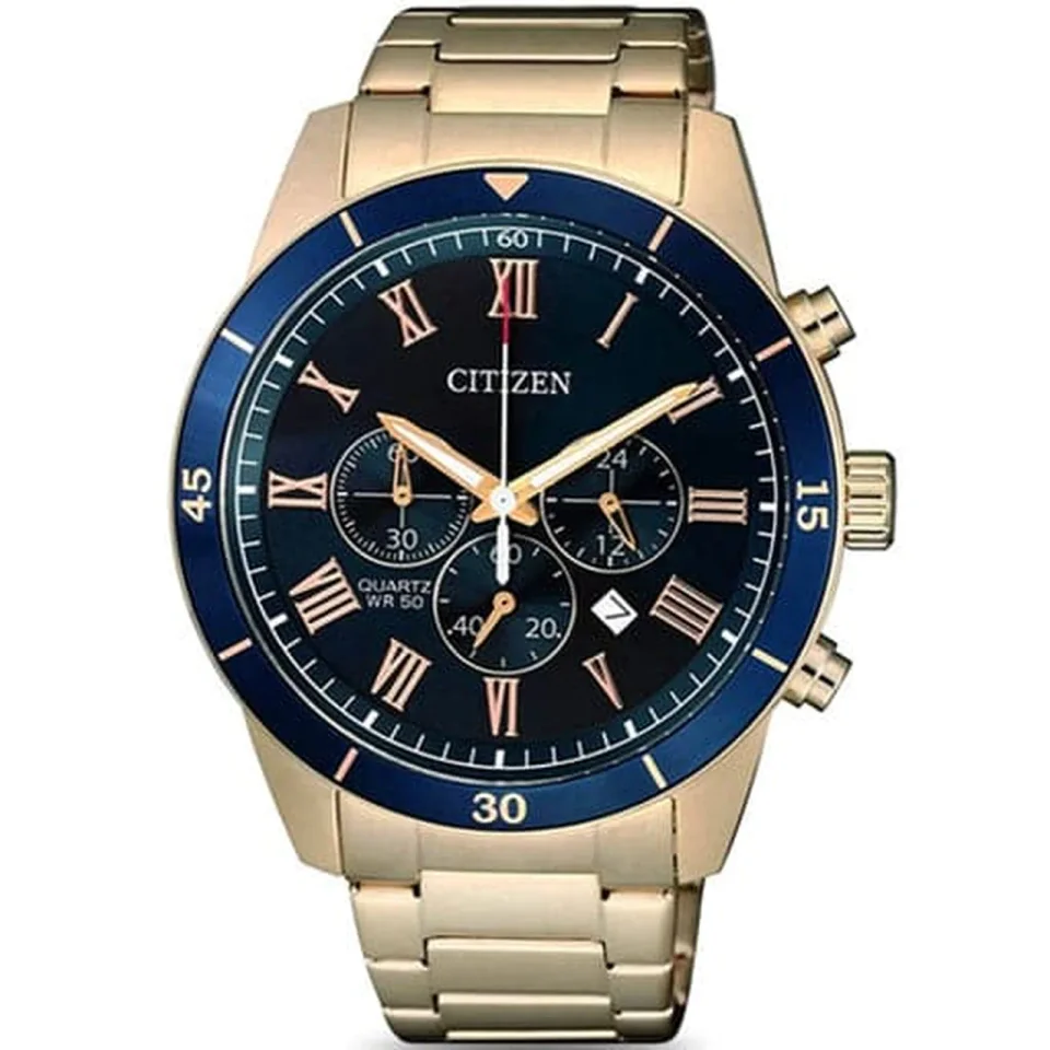 Citizen Quartz AN8169-58L men’s watch with blue dial, gold-tone stainless steel bracelet, and 44 mm case.