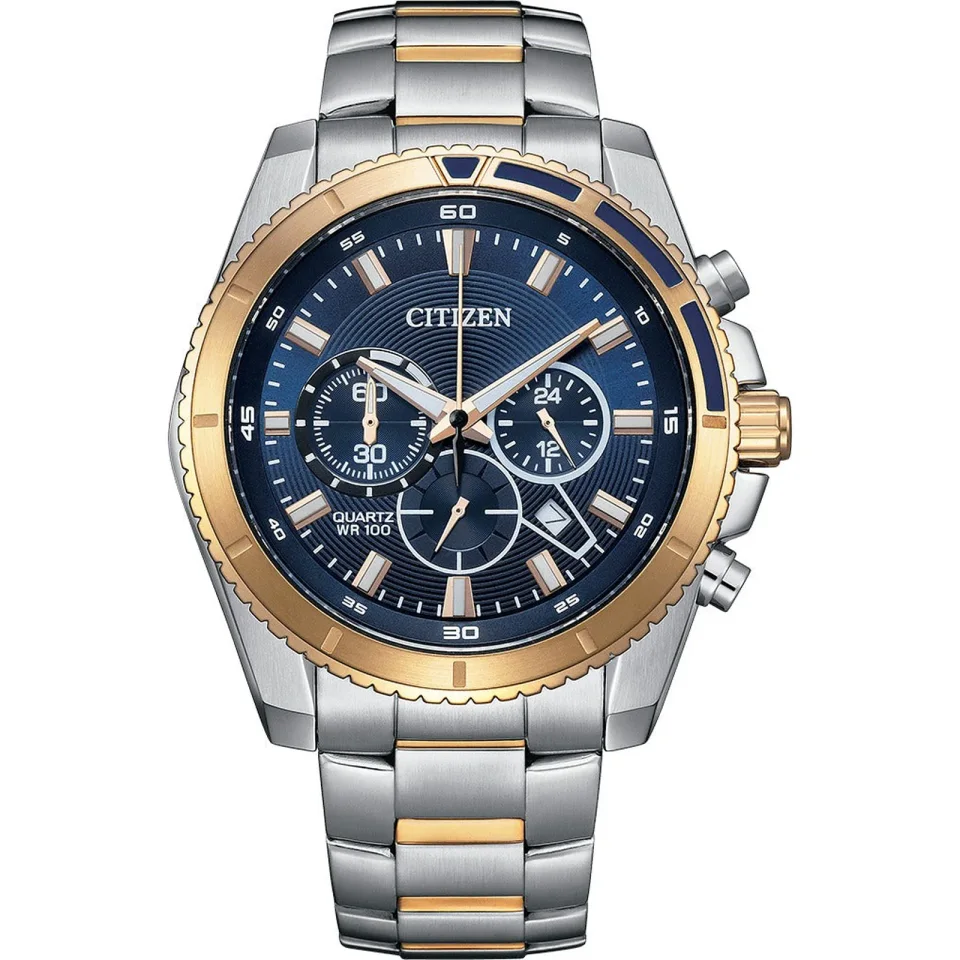Citizen men’s watch with blue dial, stainless steel case and two-tone stainless steel bracelet.