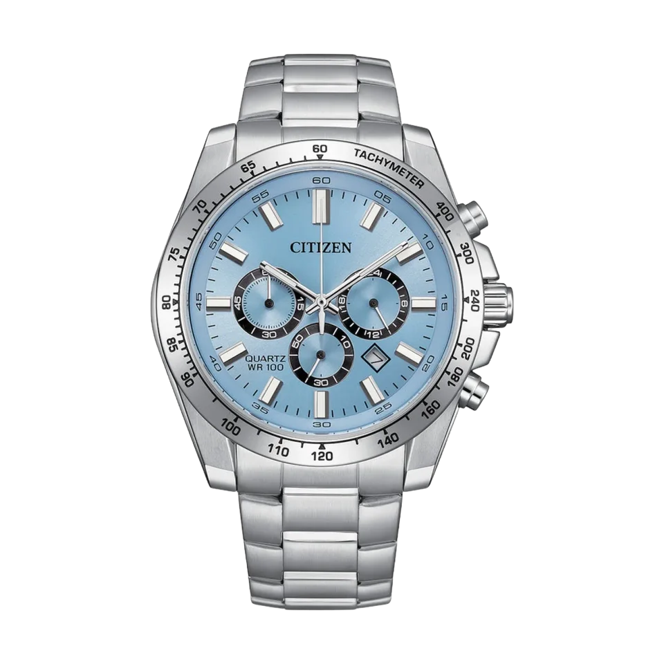 Citizen men’s watch with blue dial, stainless steel case and silver bracelet, model AN8230-59L.