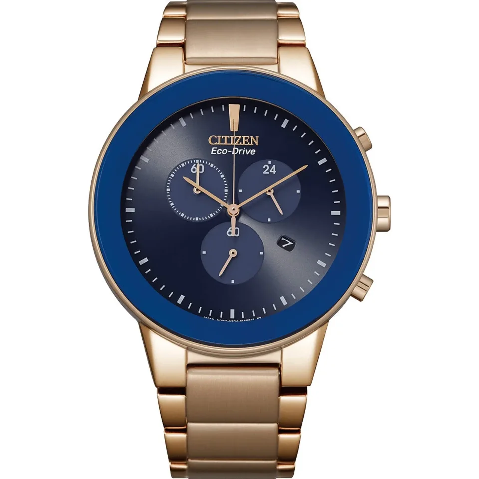 Citizen Axiom Chronograph men’s watch with a blue dial, stainless steel case and rose gold stainless steel bracelet.