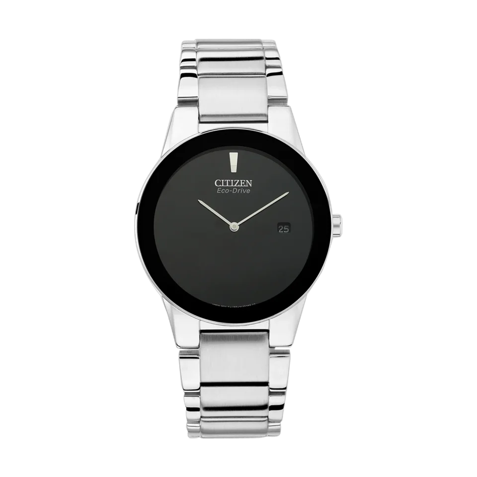 Citizen Eco-Drive AU1060-51E wristwatch with black dial, stainless steel case and silver bracelet.