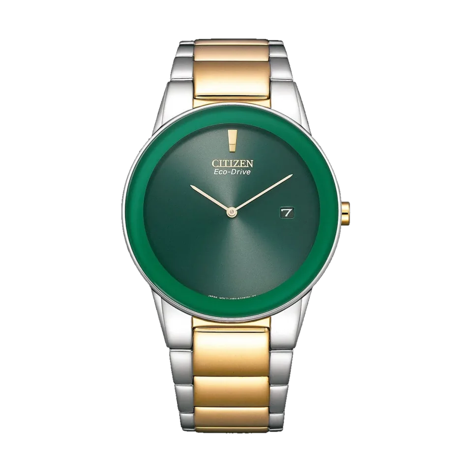 Citizen Eco-Drive watch with green dial, stainless steel case and silver stainless steel bracelet
