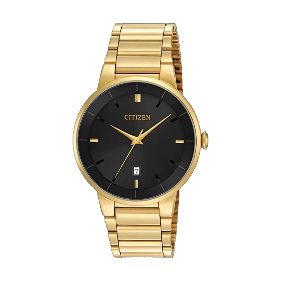 Citizen men’s watch with a black dial, gold-tone stainless steel bracelet and foldover clasp.