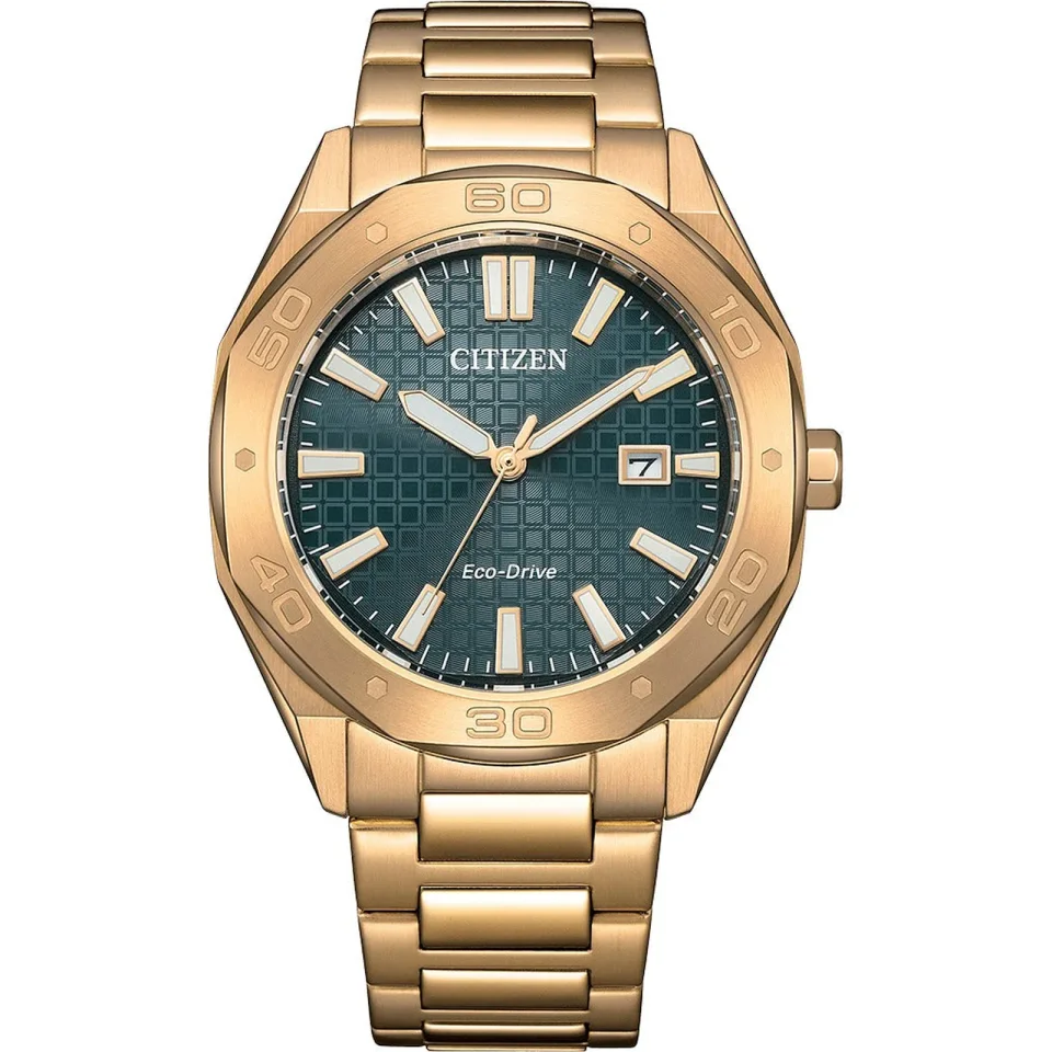 CITIZEN Eco Drive men’s watch with a green dial, faceted bezel, and rose gold stainless steel bracelet.
