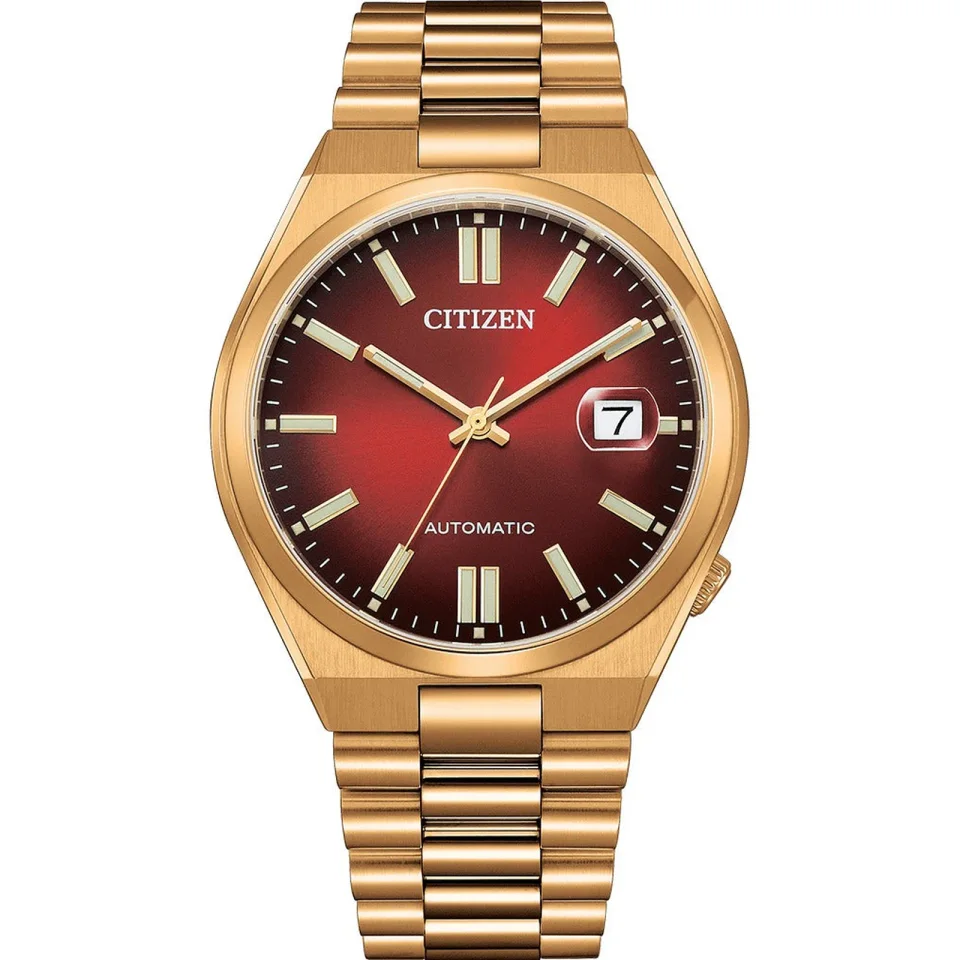 Citizen TSUYOSA watch with red dial, stainless steel case and rose gold stainless steel bracelet