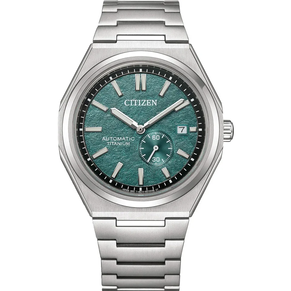 Citizen Zenshin men’s automatic watch with green dial, Super Titanium™ case and bracelet, and silver bracelet.