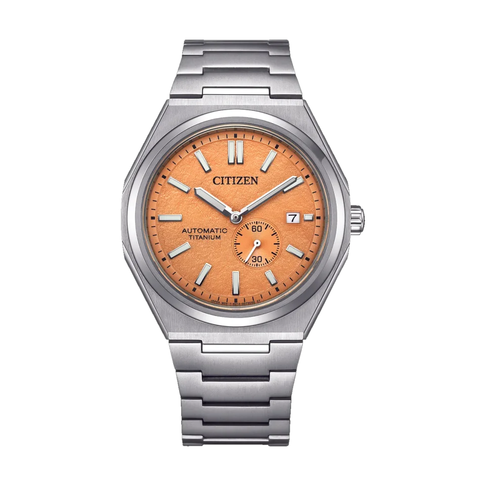 Citizen Zenshin Automatic NJ0180-80Z watch with orange dial, silver Super Titanium™ bracelet, and round titanium case.
