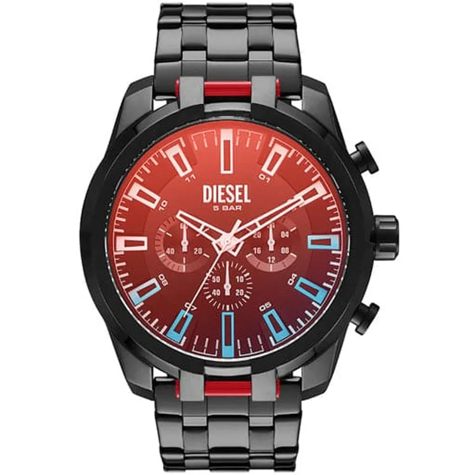 DIESEL Split Chronograph watch with black dial, stainless steel case, and black stainless steel bracelet.
