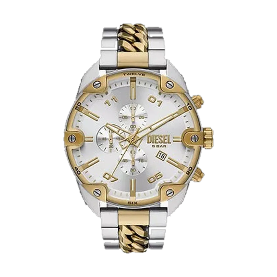 DIESEL Spiked Chronograph DZ4629 with silver dial, stainless steel case and two-tone silver and gold bracelet.