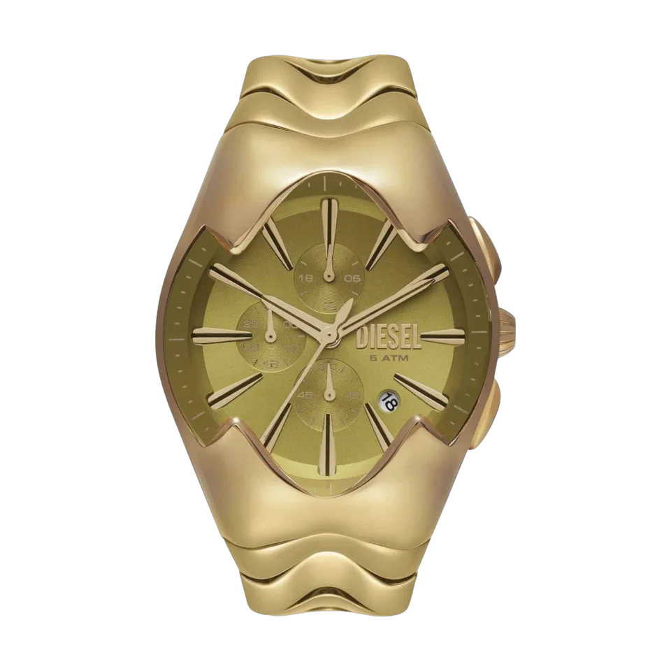 Diesel Mercurial DZ4681 men’s chronograph with gold dial, gold stainless steel strap, and stainless steel case