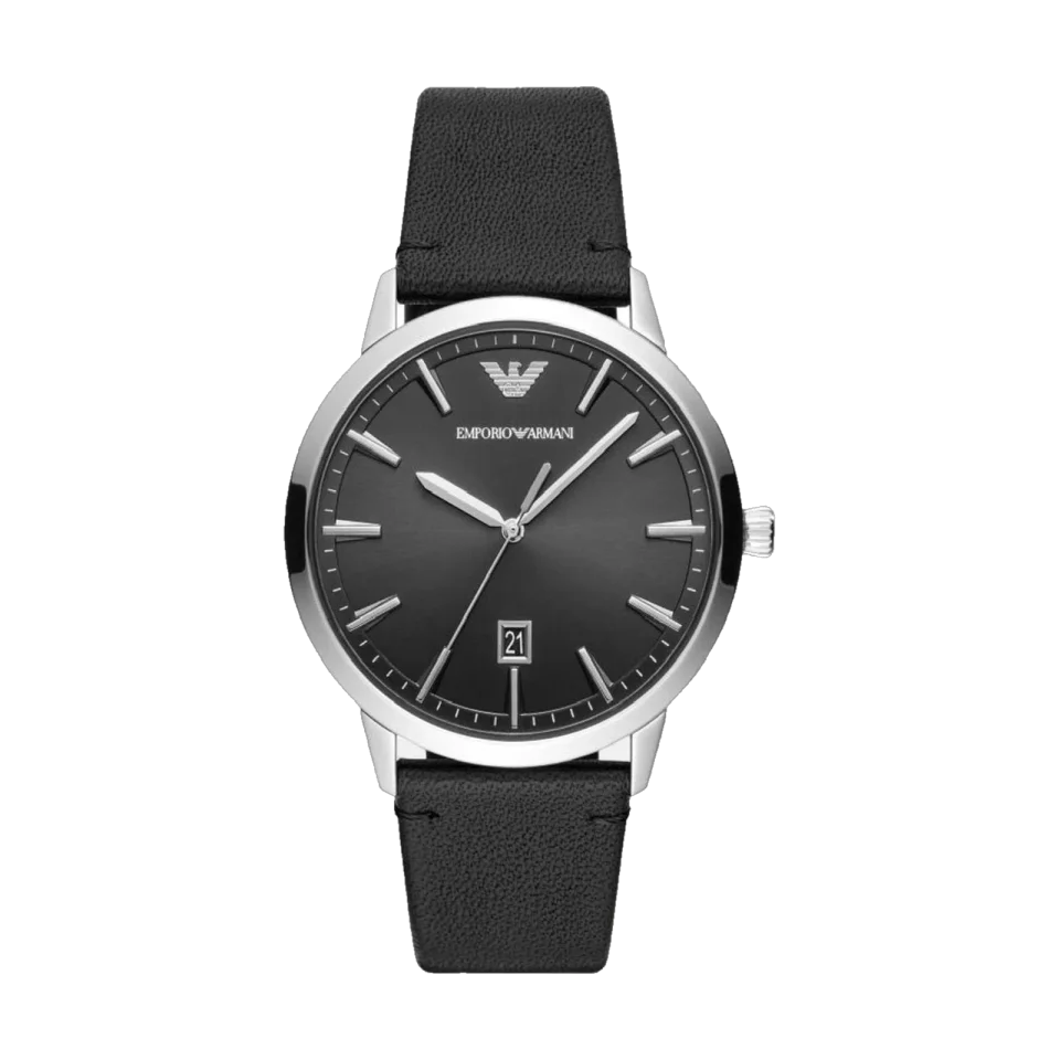 Emporio Armani men’s watch with black dial, stainless steel case and black leather strap.