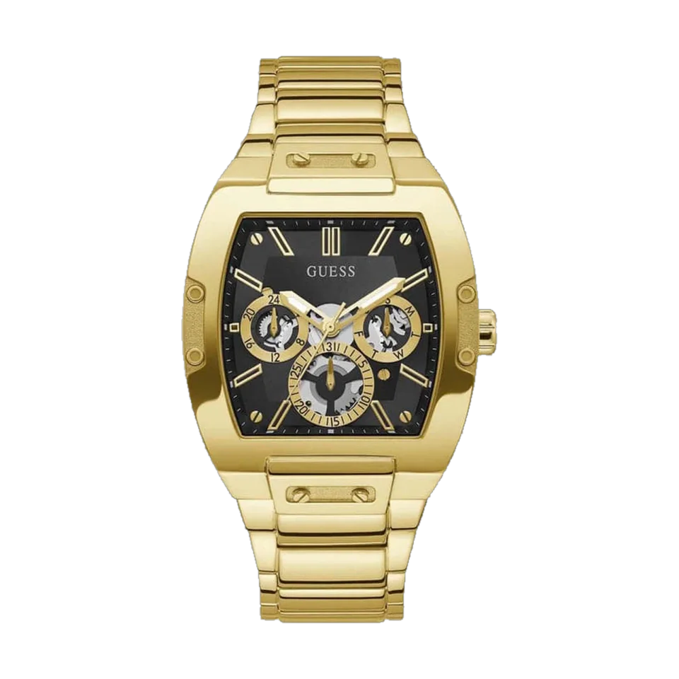 GUESS men’s watch with black dial, gold stainless steel bracelet and stainless steel case.