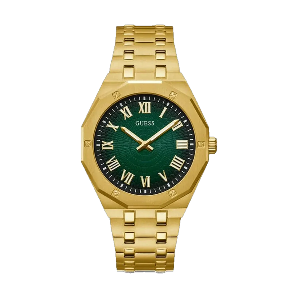Men’s GUESS Asset watch with a green dial, gold stainless steel bracelet and stainless steel case.