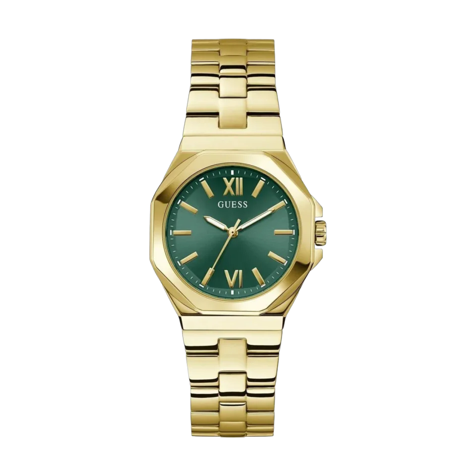 GUESS Empress women’s watch with a green dial, gold stainless steel bracelet and Roman numeral markers.