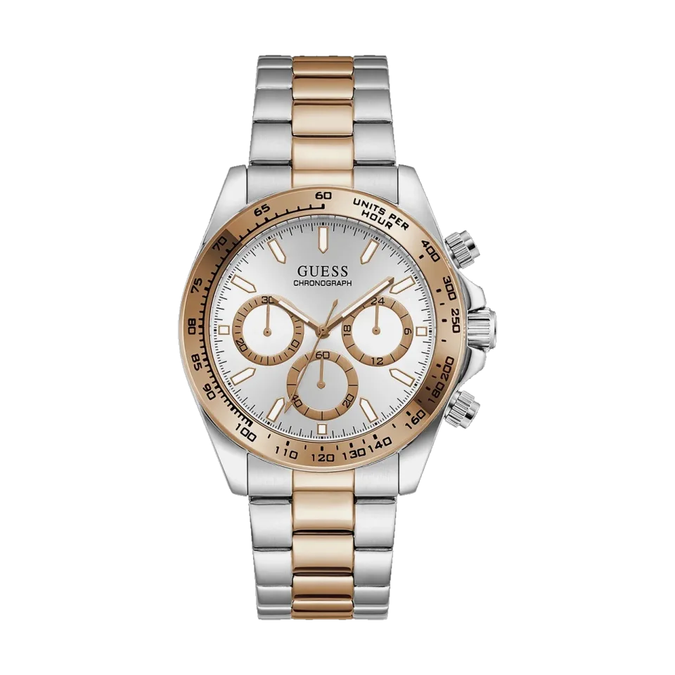 GUESS Gs Arthur men’s chronograph watch with a silver dial and dual-tone stainless-steel bracelet