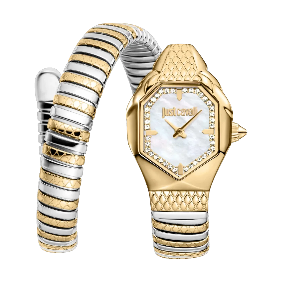 JUST CAVALLI Snake women’s watch with white mother-of-pearl dial and two-tone stainless steel bracelet