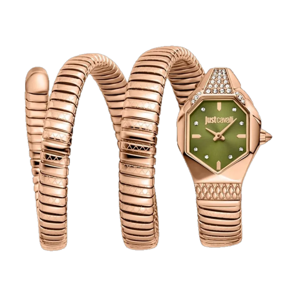 JUST CAVALLI Ambra women’s watch with green dial, rose gold stainless steel bracelet and small round case