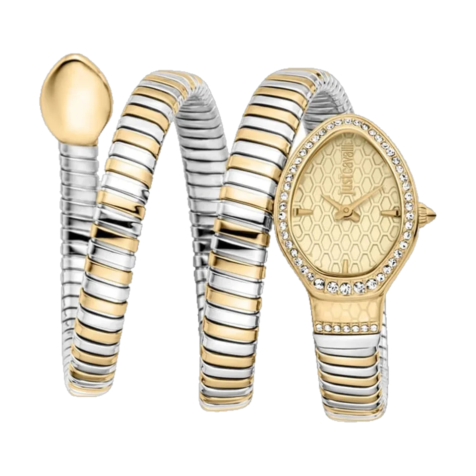 JUST CAVALLI Carezza women’s watch with mother-of-pearl dial and stainless steel wrap bracelet.