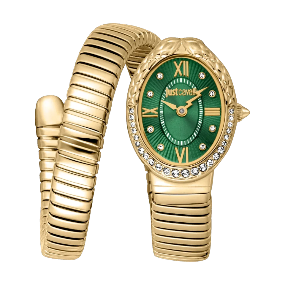 Women’s watch with bottle green dial, yellow gold-tone stainless steel case and matching bracelet.