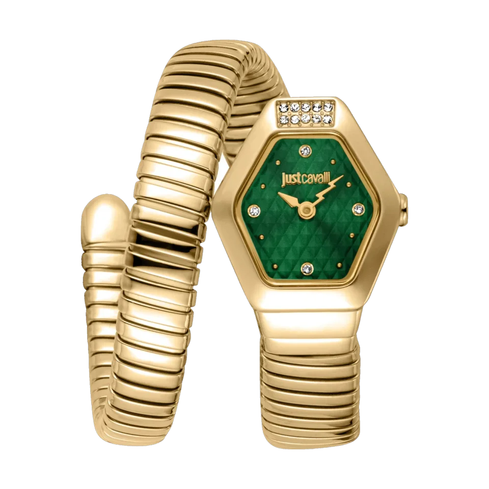 Women’s JUST CAVALLI Signature Snake watch with bottle green dial, yellow gold-tone stainless steel bracelet, and slim round case.