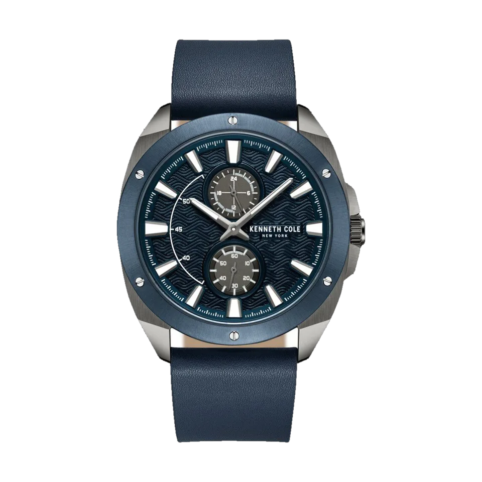 Kenneth Cole men’s quartz multifunction watch with blue dial and leather strap